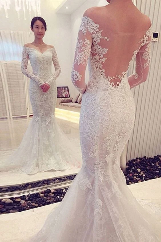 Robe de mariée trompette élégante en dentelle à épaules dénudées avec dos illusion
