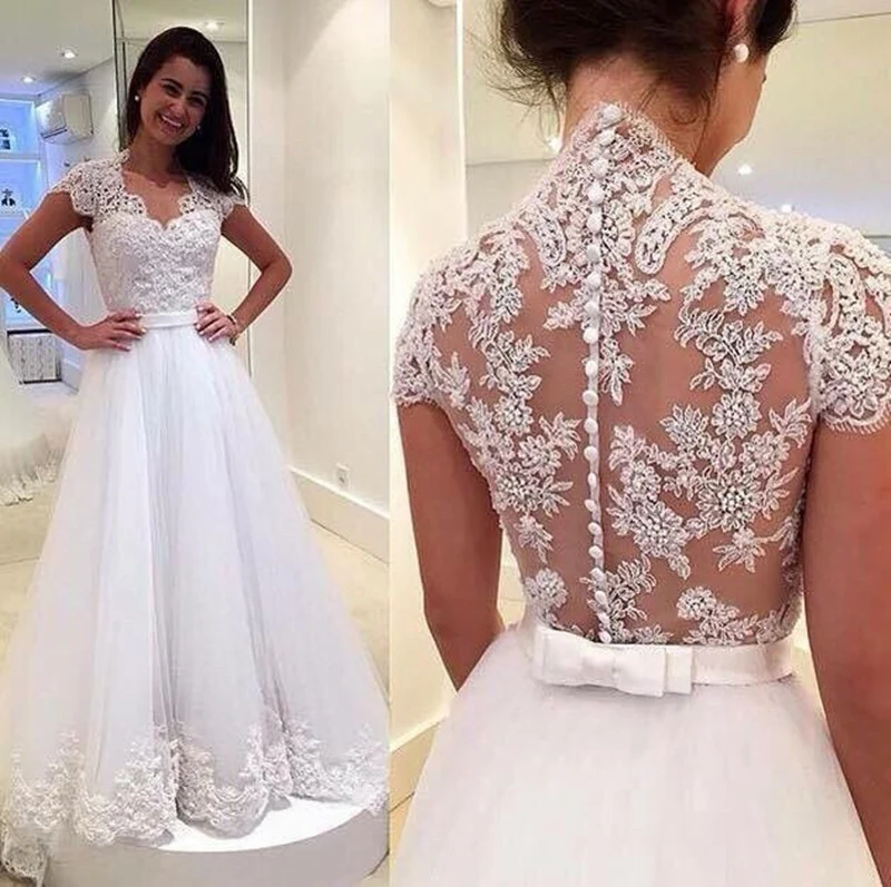 Robe de mariée princesse trapèze en satin et dentelle en tulle avec mancherons