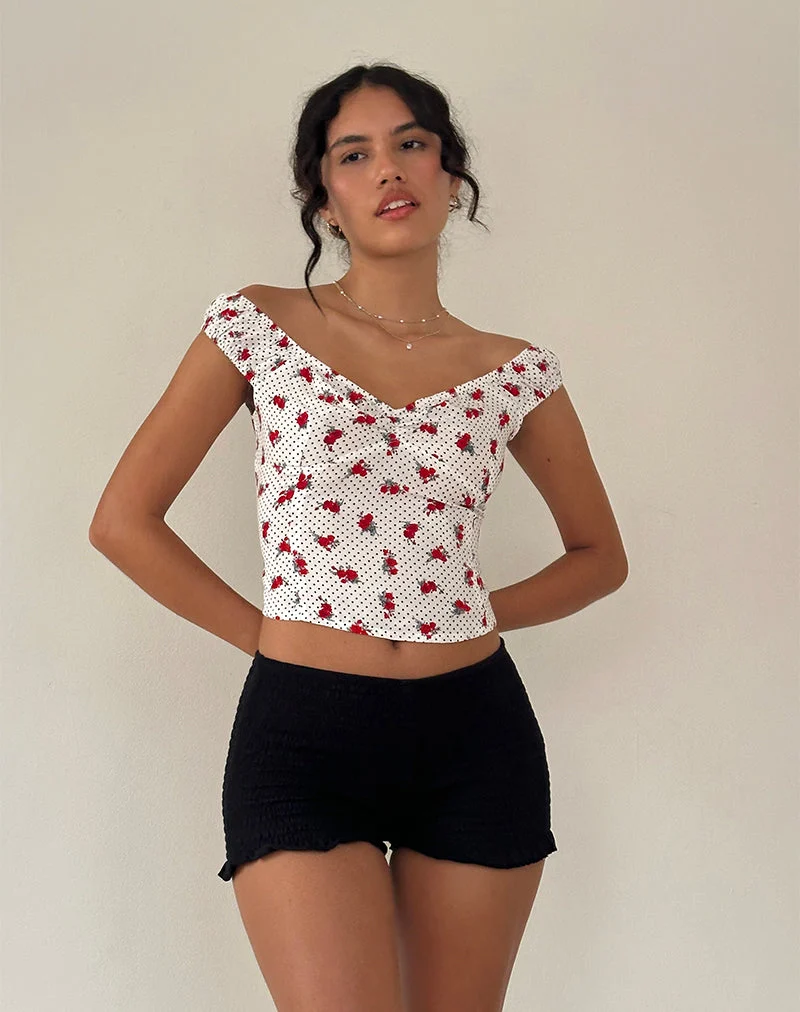 Derige Bardot Top in White Rose Polka