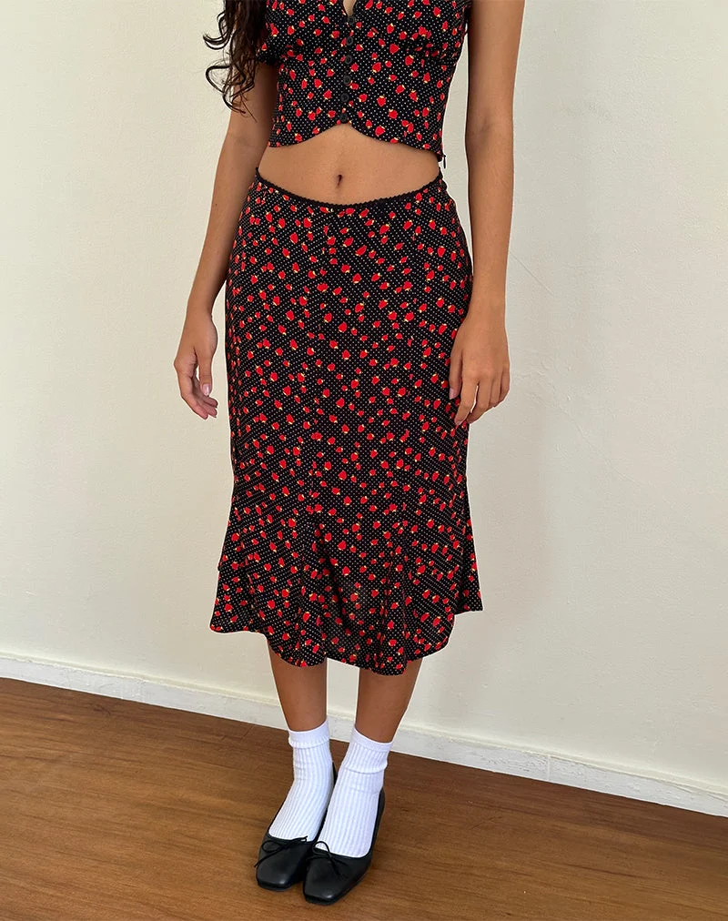 Jupe midi Sima, Strawberry Polka Black