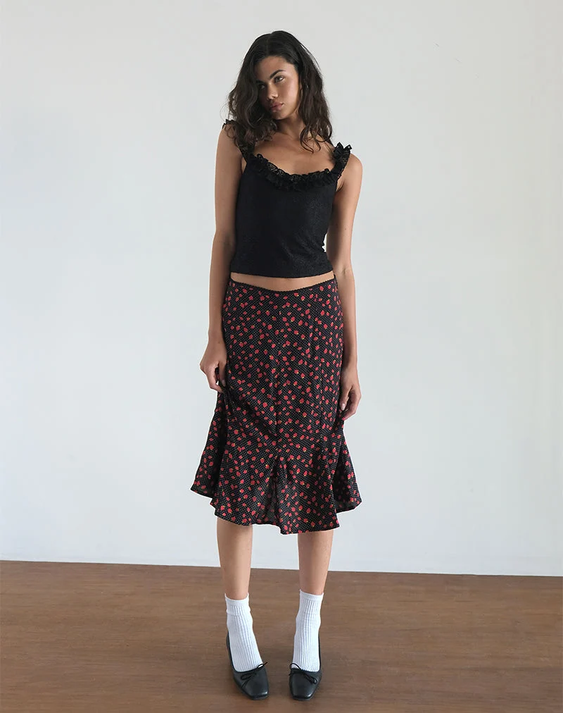 Jupe midi Sima, Strawberry Polka Black