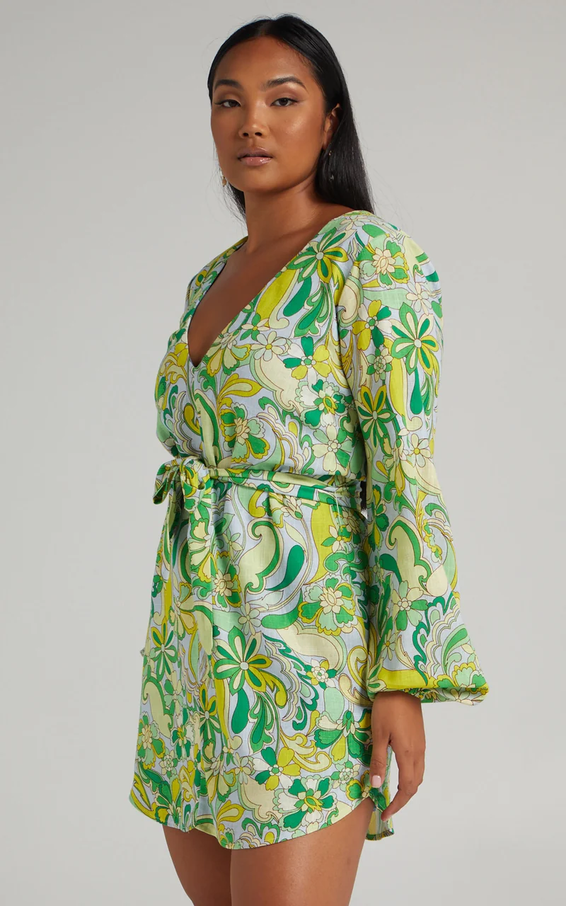 Gianna Mini Dress - Linen Look Balloon Sleeve Dress in California Dreamin