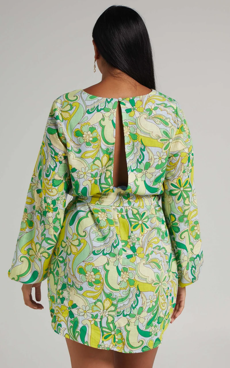Gianna Mini Dress - Linen Look Balloon Sleeve Dress in California Dreamin