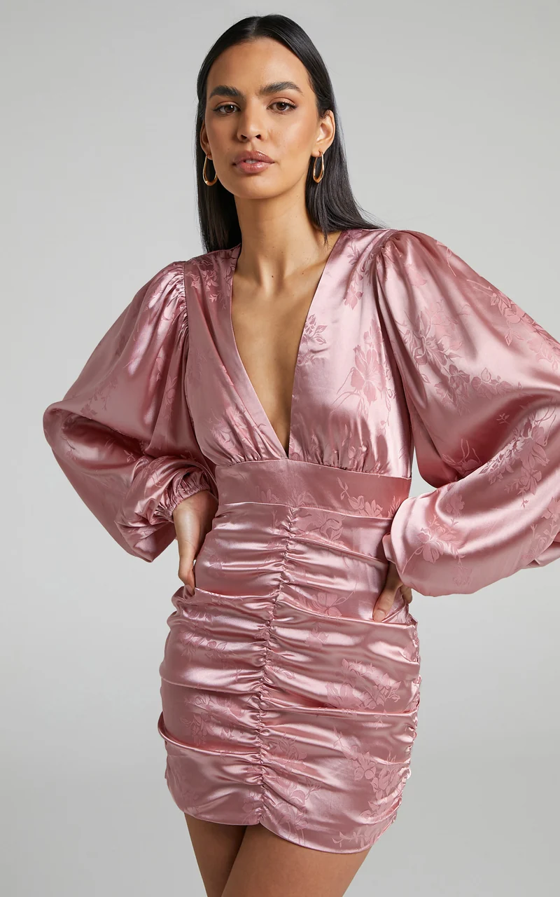 Richmond Mini Dress - Long Sleeve Ruched Dress in Dusty Pink
