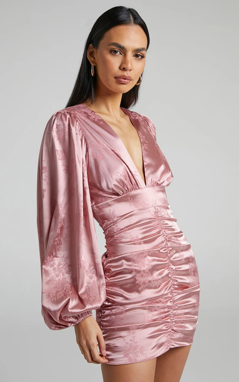 Richmond Mini Dress - Long Sleeve Ruched Dress in Dusty Pink