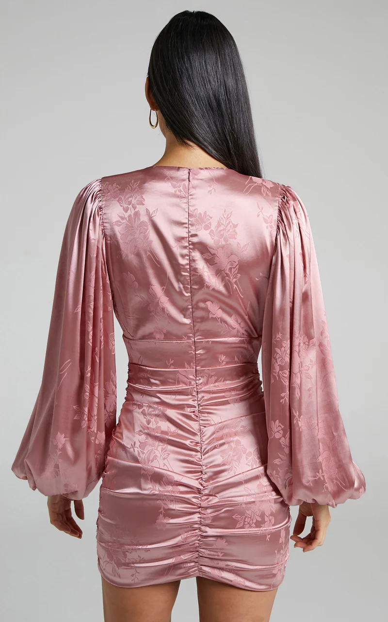 Richmond Mini Dress - Long Sleeve Ruched Dress in Dusty Pink