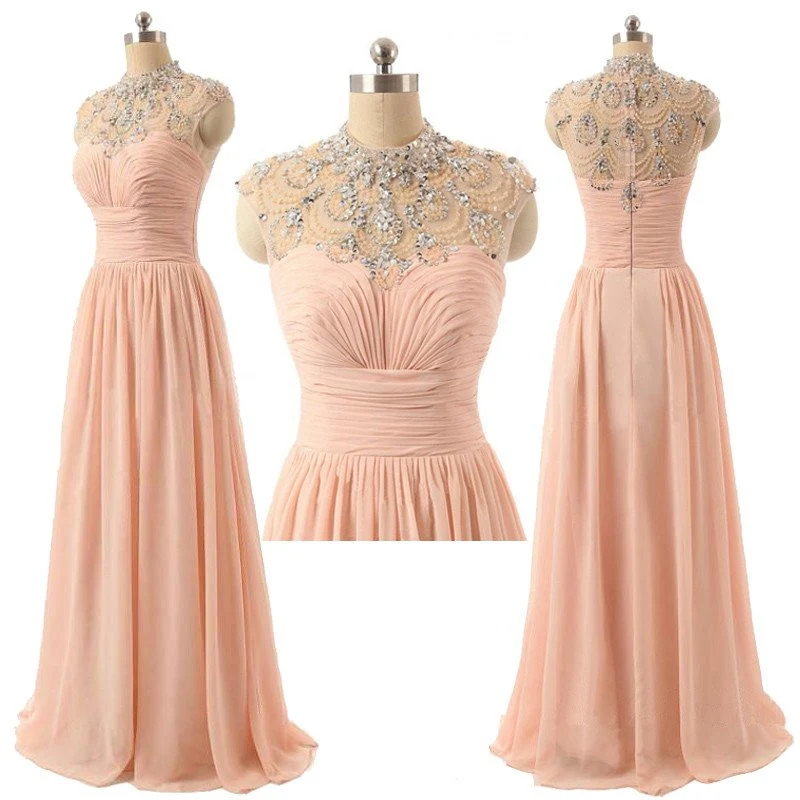 Robe de bal longue en mousseline de soie à col illusion de strass rose | Robe de soirée