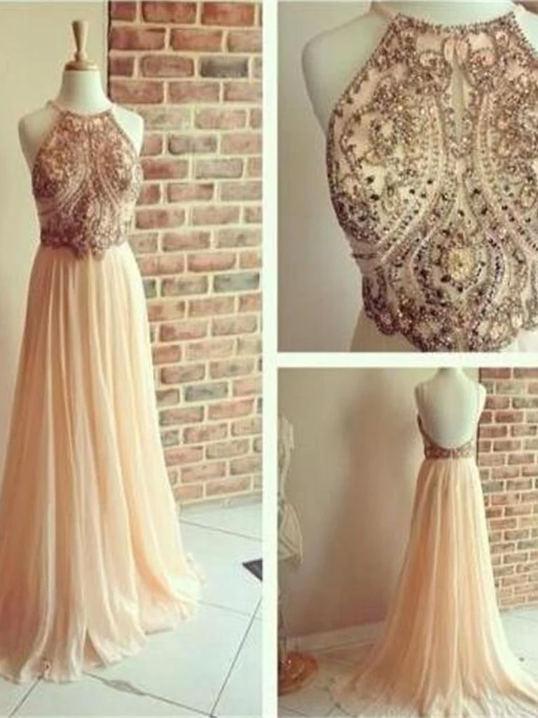 Robe de bal rose poussiéreuse, dos nu, perles