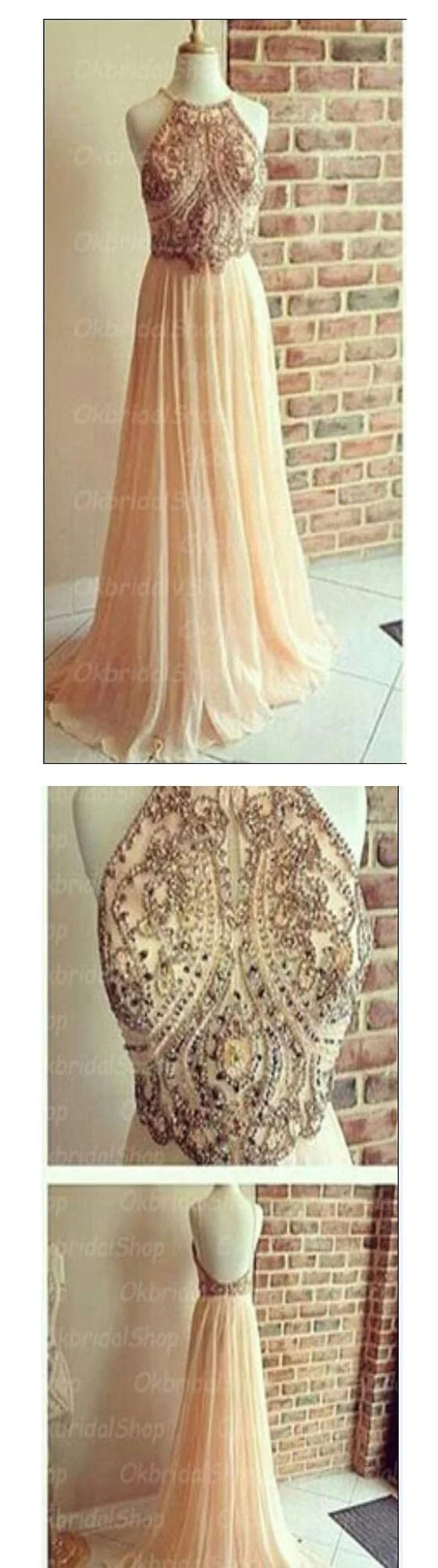 Robe de bal rose poussiéreuse, dos nu, perles