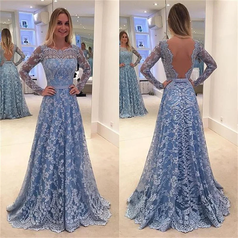 Robe de bal bleue modeste en dentelle, dos nu, manches longues