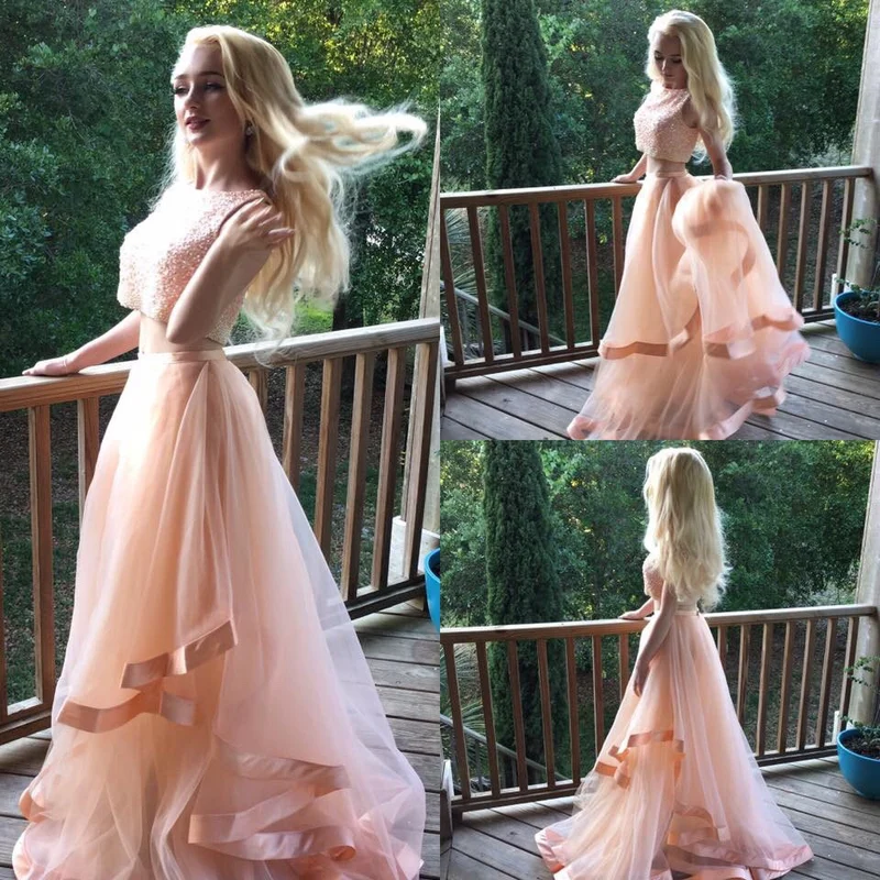 Robe de bal deux pièces pêche, longue robe de soirée pour étudiants de première année, MA036