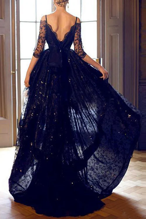 Robe de bal en dentelle noire à épaules dénudées Hi-Lo avec manches