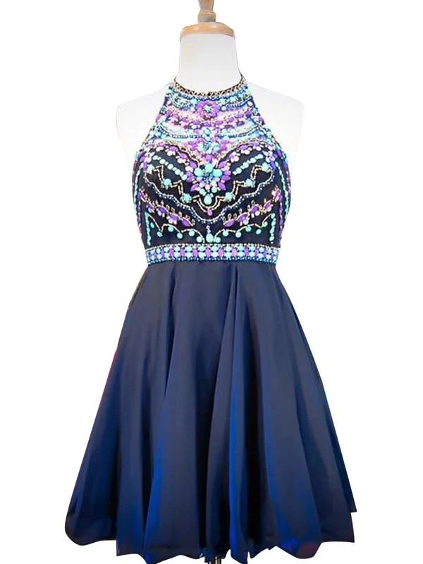 Robe de soirée bleu marine, robe de bal courte perlée pour adolescents