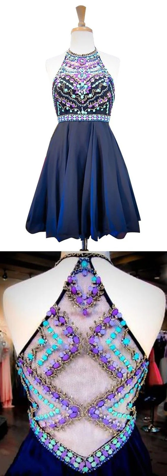 Robe de soirée bleu marine, robe de bal courte perlée pour adolescents