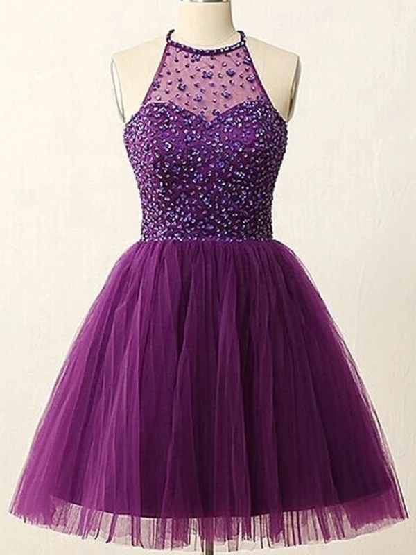 Robe de bal courte avec haut licou et perles Purple Juniors | Robe de soirée