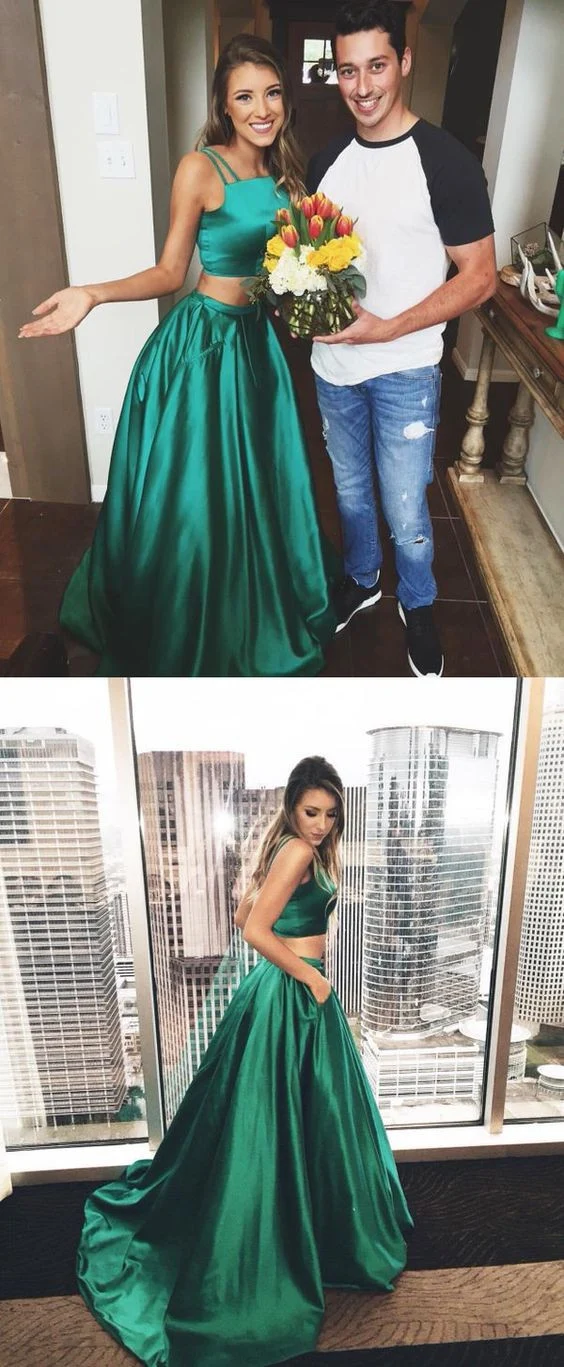 Robe de bal deux pièces en satin vert émeraude avec haut court et robe de bal