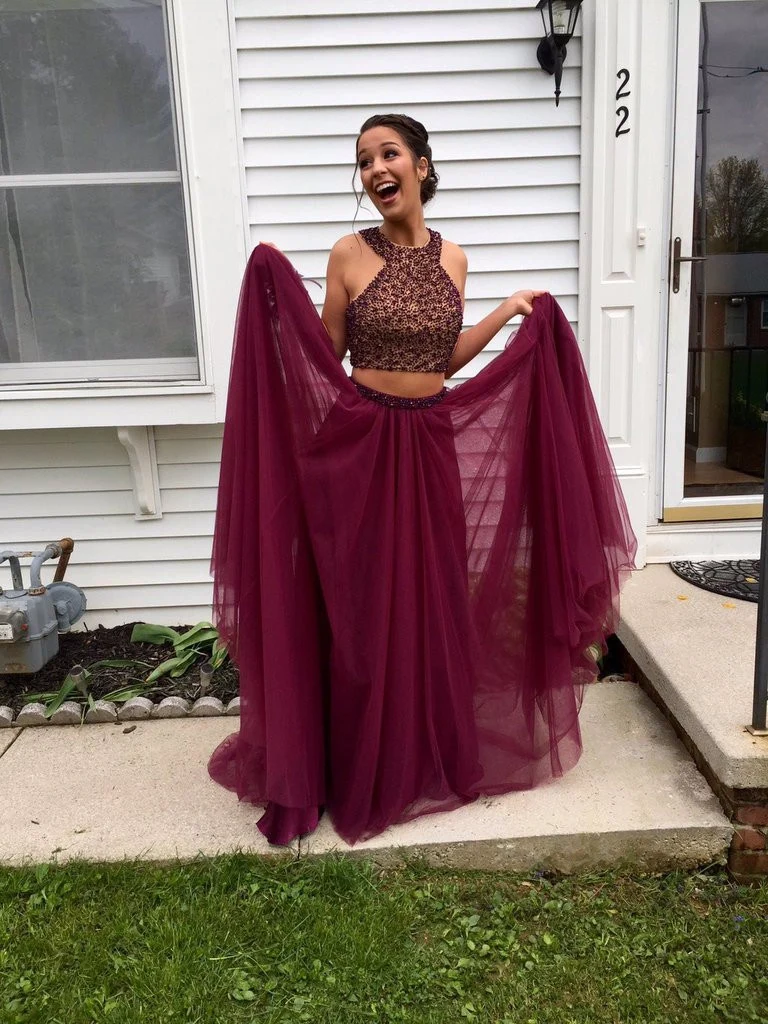 Robe de bal longue deux pièces marron avec jupe en tulle pour junior