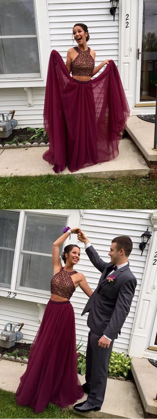 Robe de bal longue deux pièces marron avec jupe en tulle pour junior