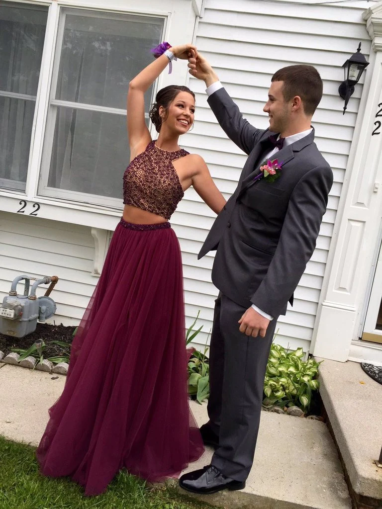 Robe de bal longue deux pièces marron avec jupe en tulle pour junior