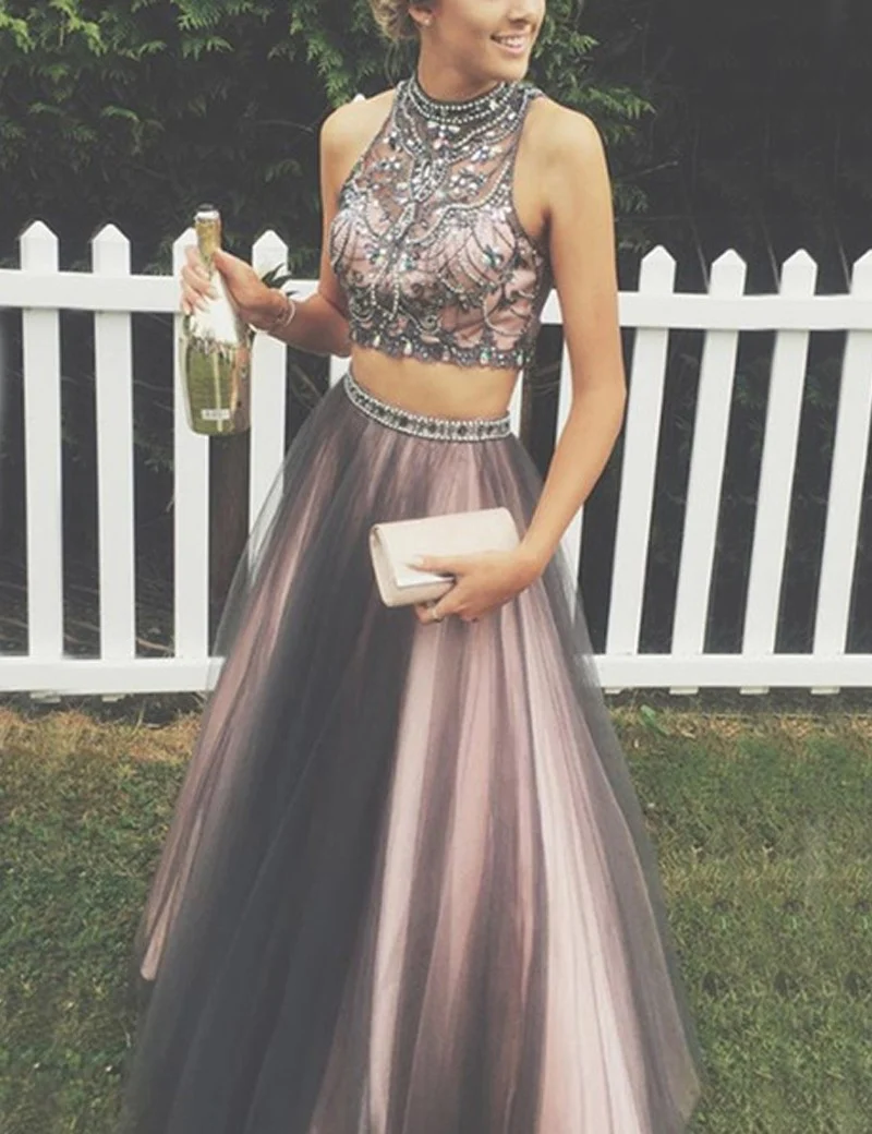 Robe de bal deux pièces marron, robe de bal longue, robe de bal Poofy pour adolescents