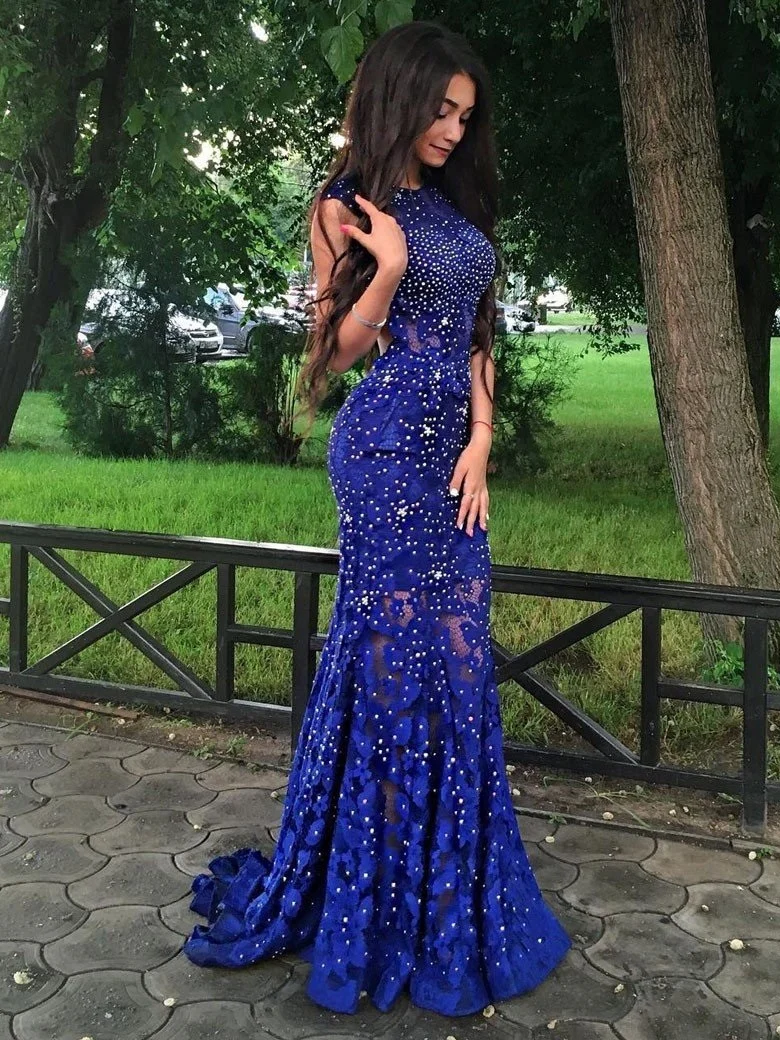 Robe de bal en dentelle formelle bleu royal à paillettes, dos nu
