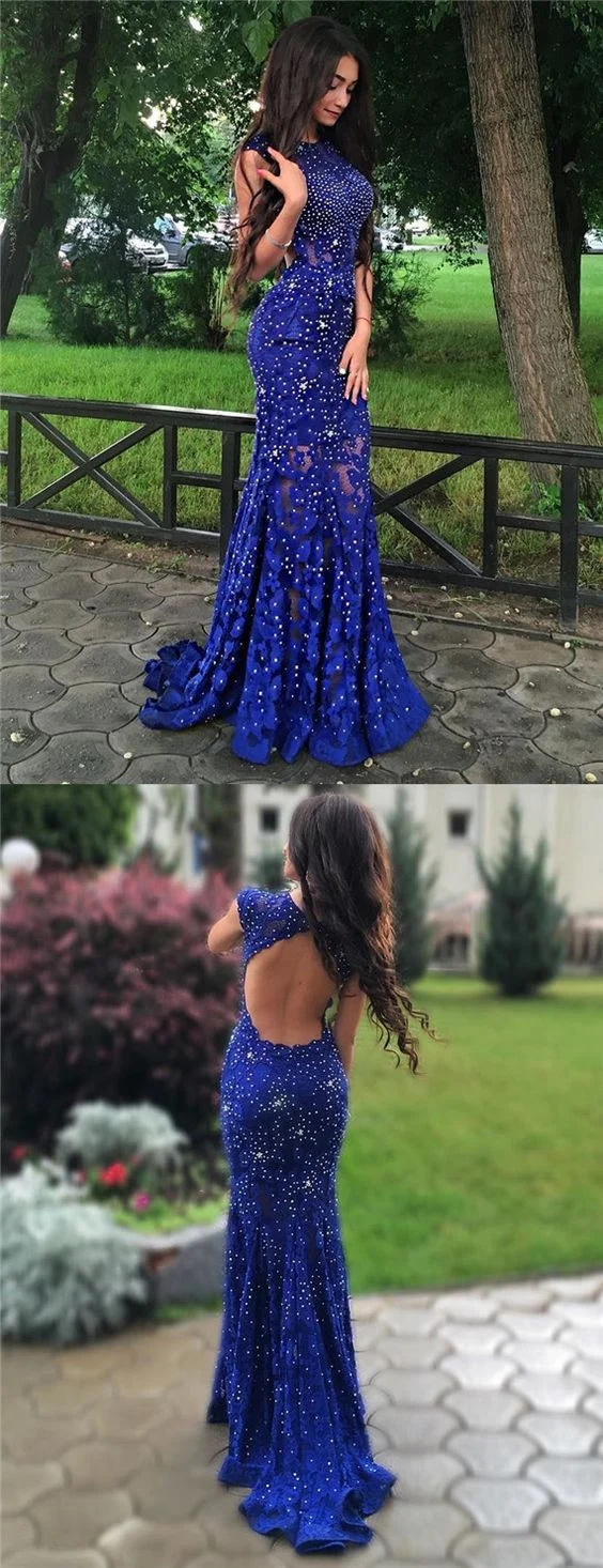 Robe de bal en dentelle formelle bleu royal à paillettes, dos nu
