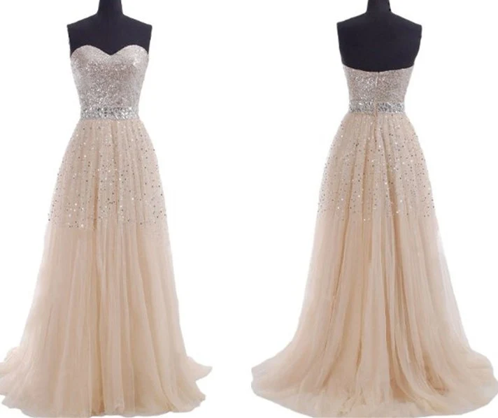 Robe de bal longue sans bretelles à paillettes champagne scintillantes de conte de fées