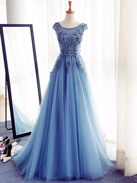 Top à manches courtes bleu trapèze en tulle maxi transparent robe de bal transparente