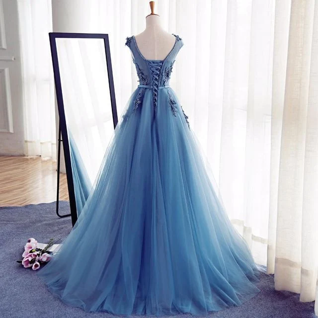 Top à manches courtes bleu trapèze en tulle maxi transparent robe de bal transparente