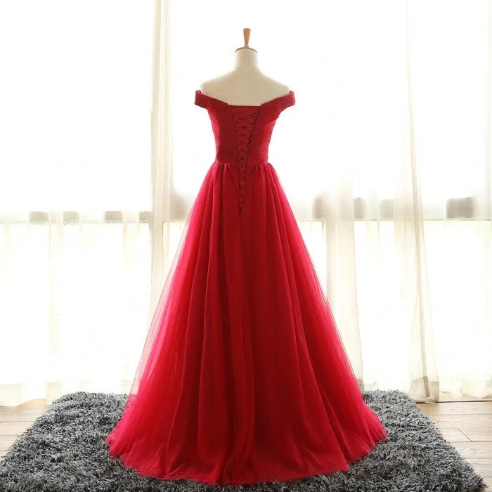 Robe De bal longue en Tulle, épaules dénudées, rouge, Robe De bal, Pas Cher, MA2024, 002