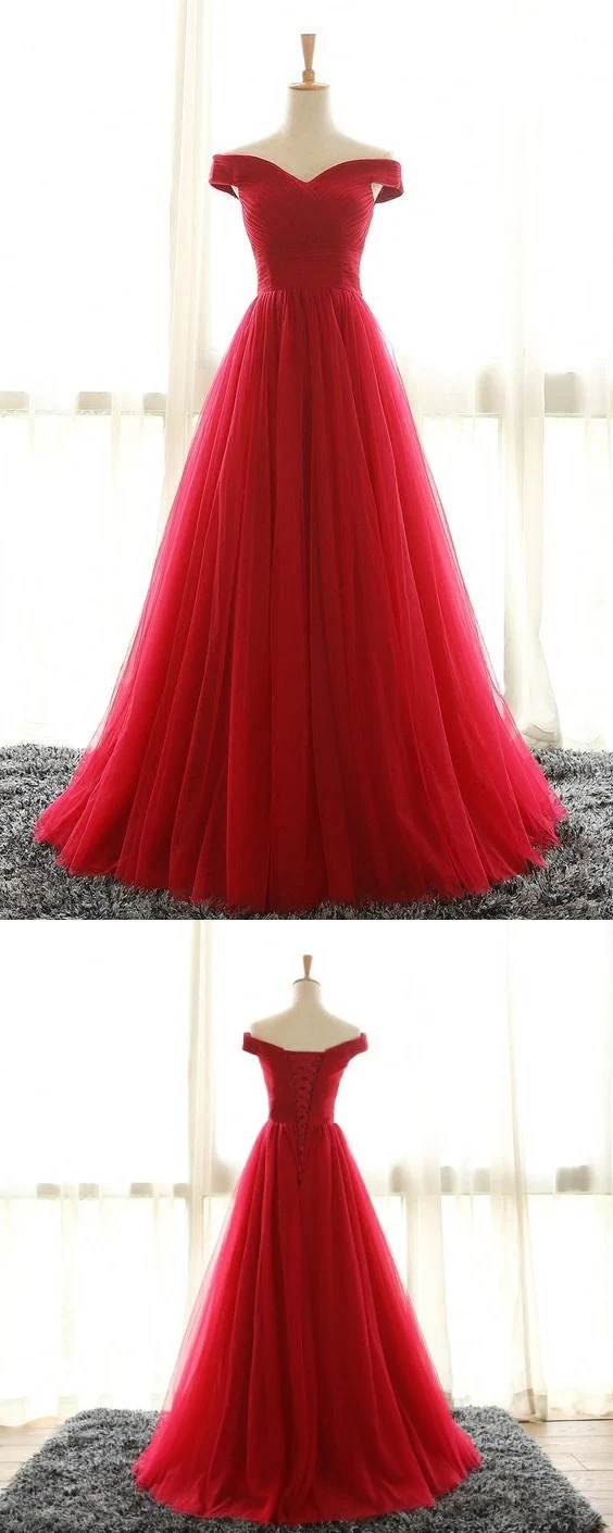 Robe De bal longue en Tulle, épaules dénudées, rouge, Robe De bal, Pas Cher, MA2024, 002