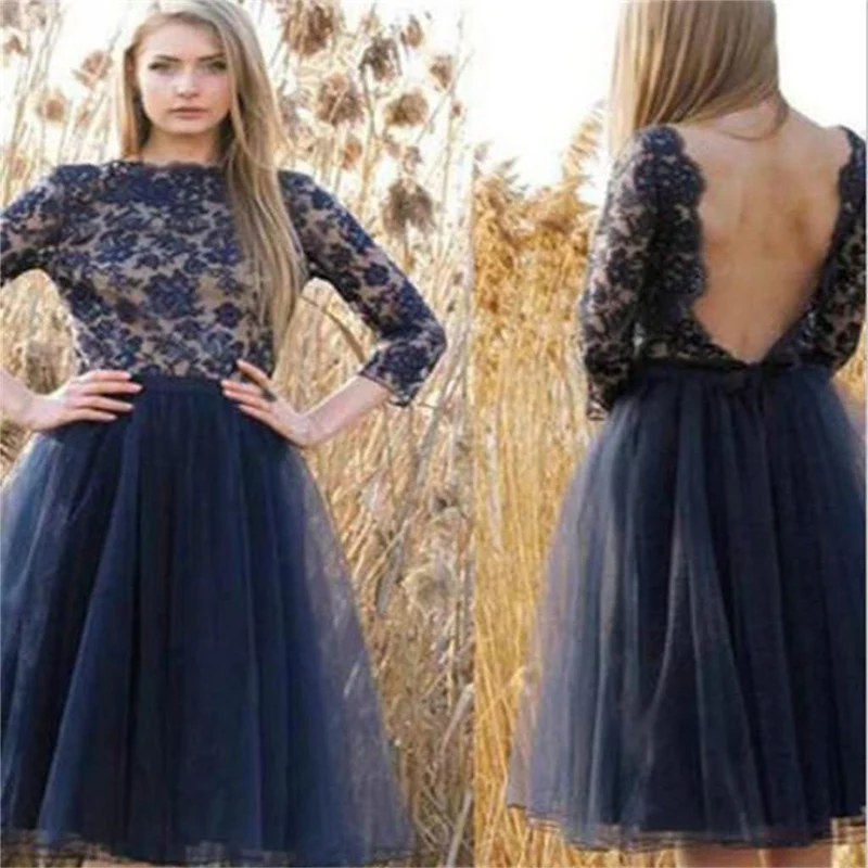 Robe de soirée courte modeste, bleu marine, robe de soirée à manches longues, SSD017
