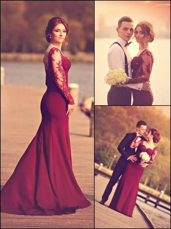 Robe formelle longue sirène bordeaux Queen Anne avec manches longues en dentelle