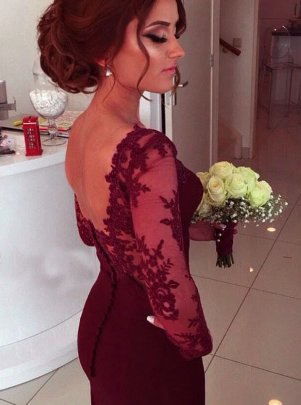 Robe formelle longue sirène bordeaux Queen Anne avec manches longues en dentelle