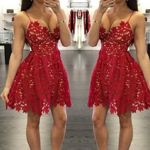 Robe de soirée en dentelle rouge sexy à bretelles spaghetti Robe formelle de première année | Robe de graduation