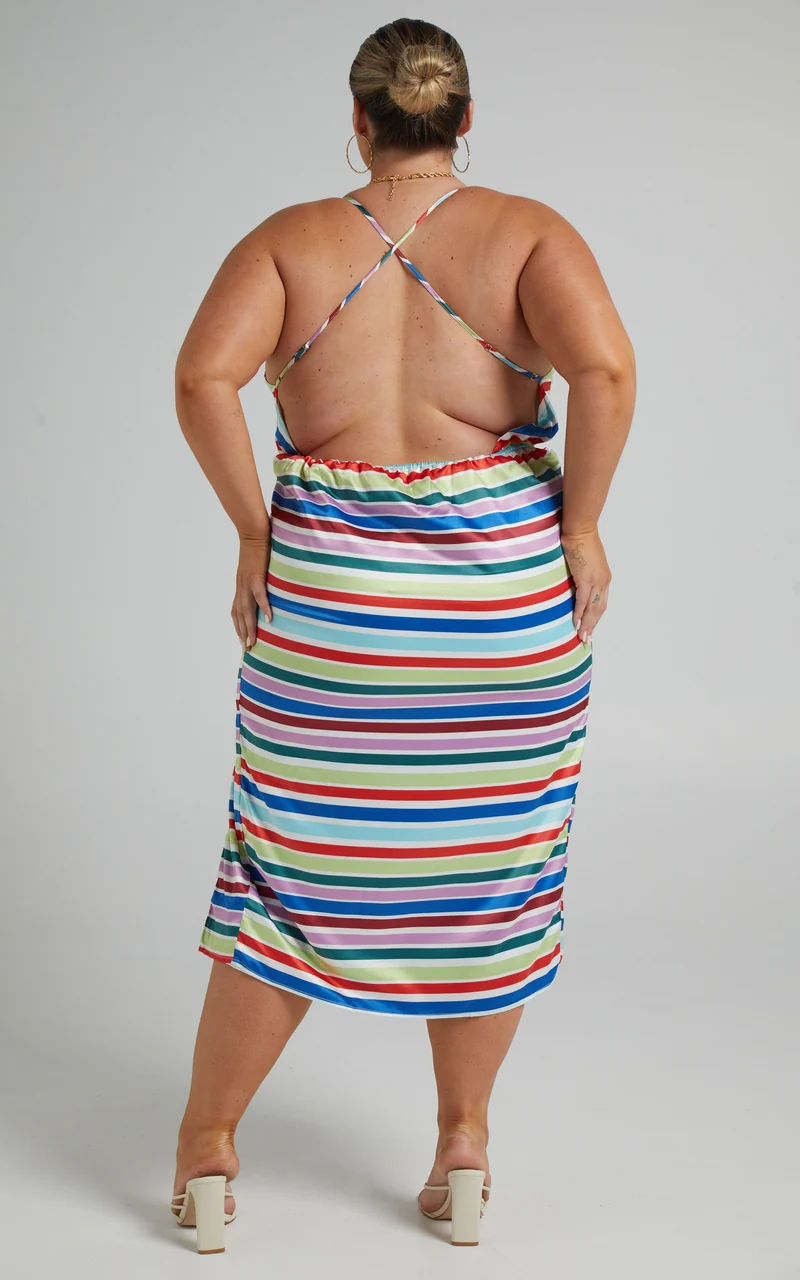 Fhel Midi Dress - Strappy Twist Front Dress in Multi Stripe Satin