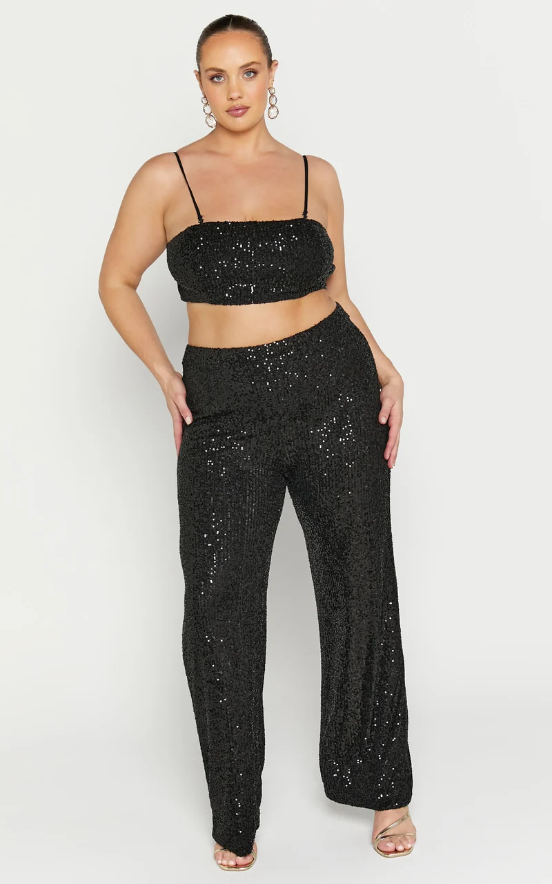 Imogen Two Piece Set - Bandeau Top and Straight Pants Set in Black Sequin