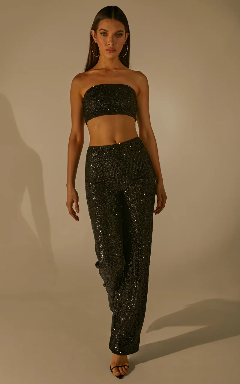 Imogen Two Piece Set - Bandeau Top and Straight Pants Set in Black Sequin