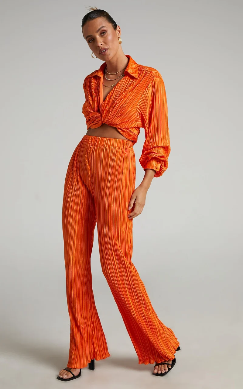 Beca Pants - High Waisted Plisse Flared Pants in Bright Orange