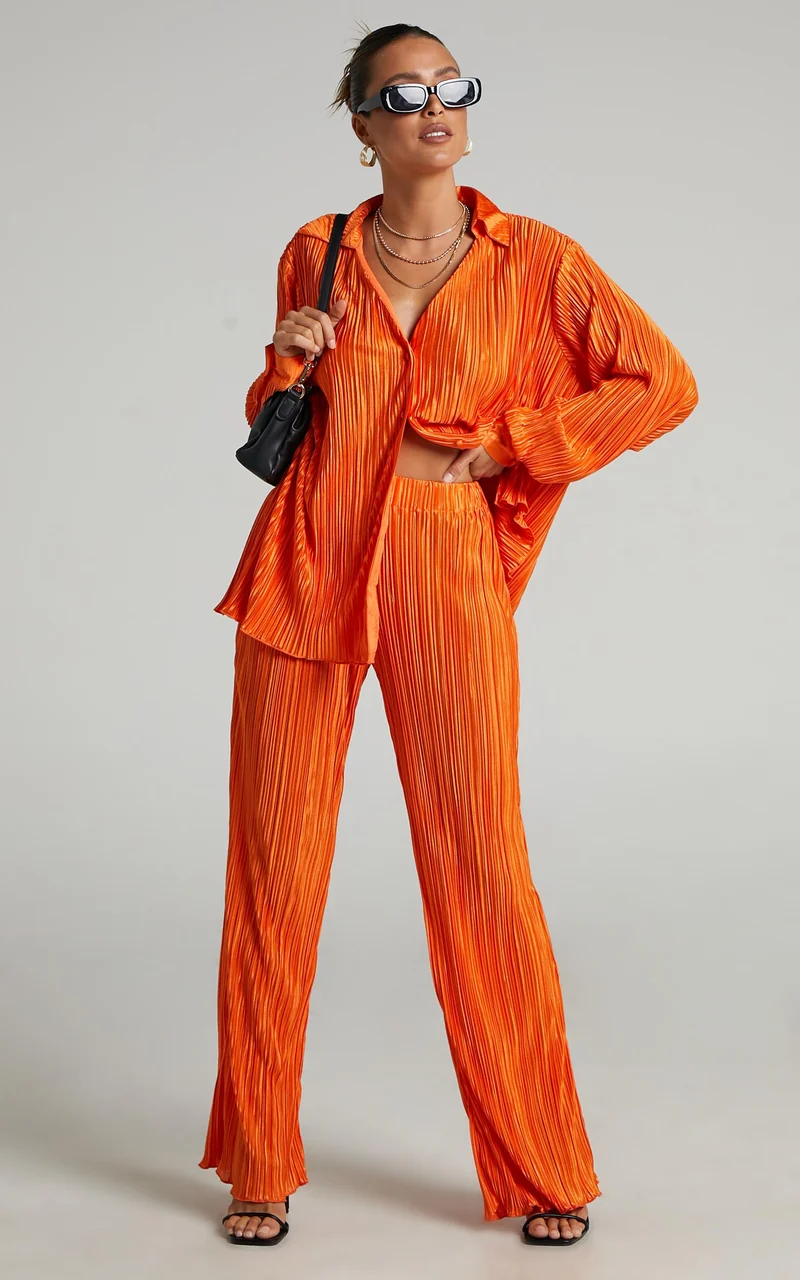 Beca Pants - High Waisted Plisse Flared Pants in Bright Orange
