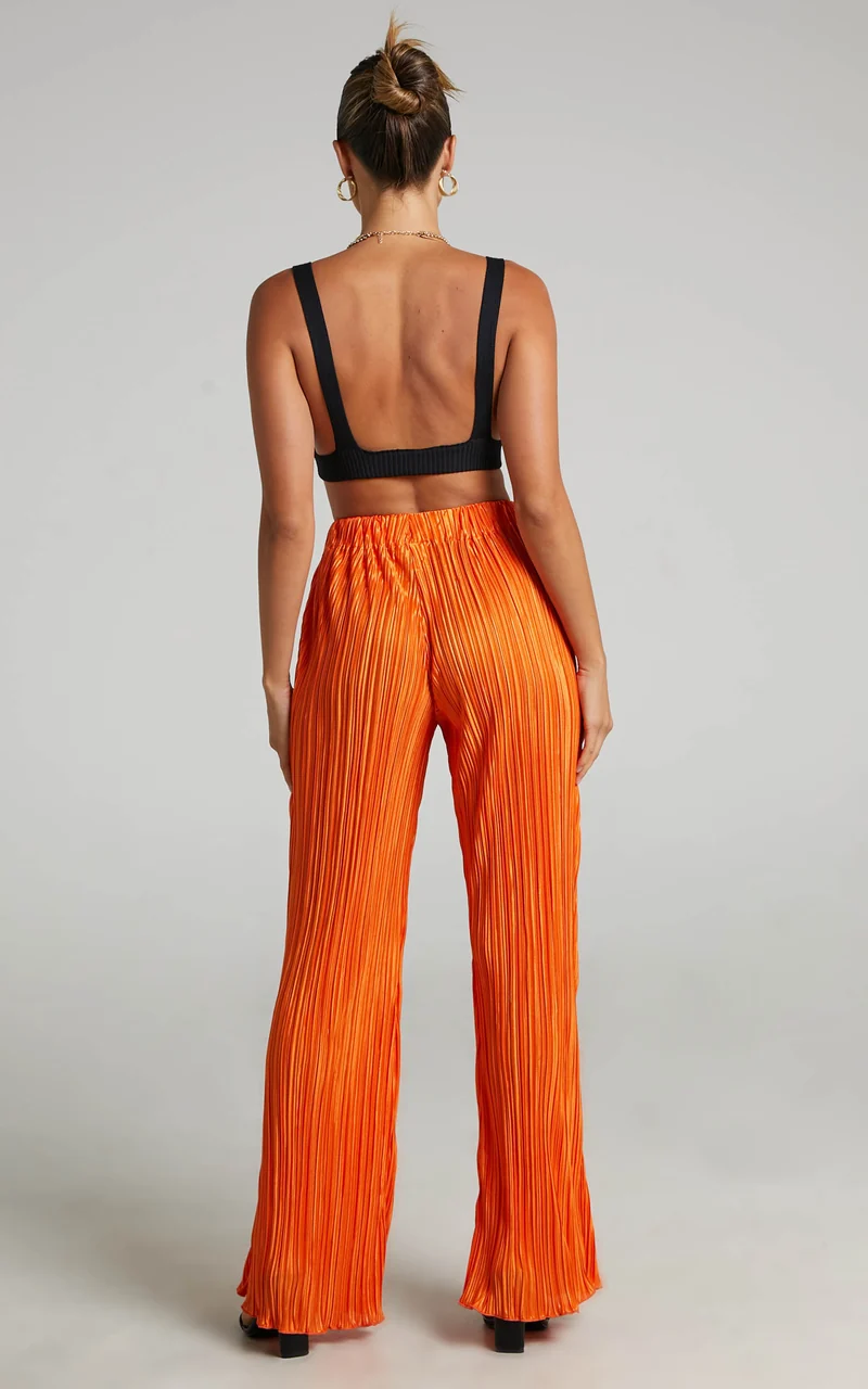 Beca Pants - High Waisted Plisse Flared Pants in Bright Orange