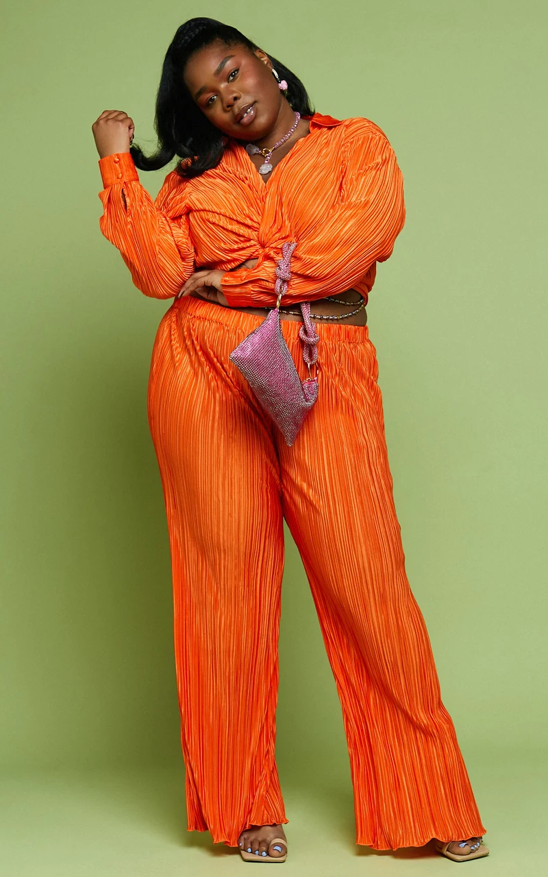 Beca Pants - High Waisted Plisse Flared Pants in Bright Orange