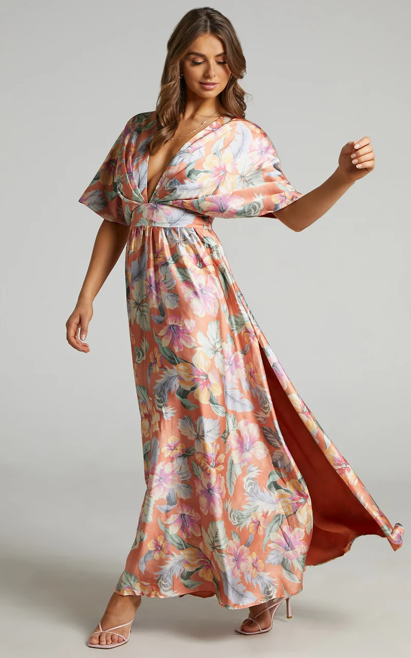 Sophia Maxi Dress - Plunge Neck Bat Wing Sleeve Dress in Multi Floral