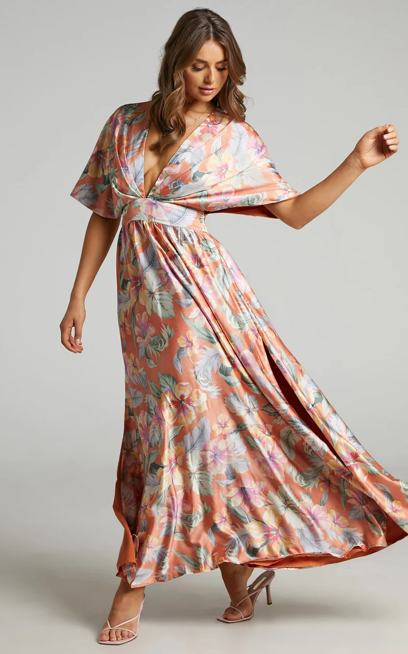 Sophia Maxi Dress - Plunge Neck Bat Wing Sleeve Dress in Multi Floral