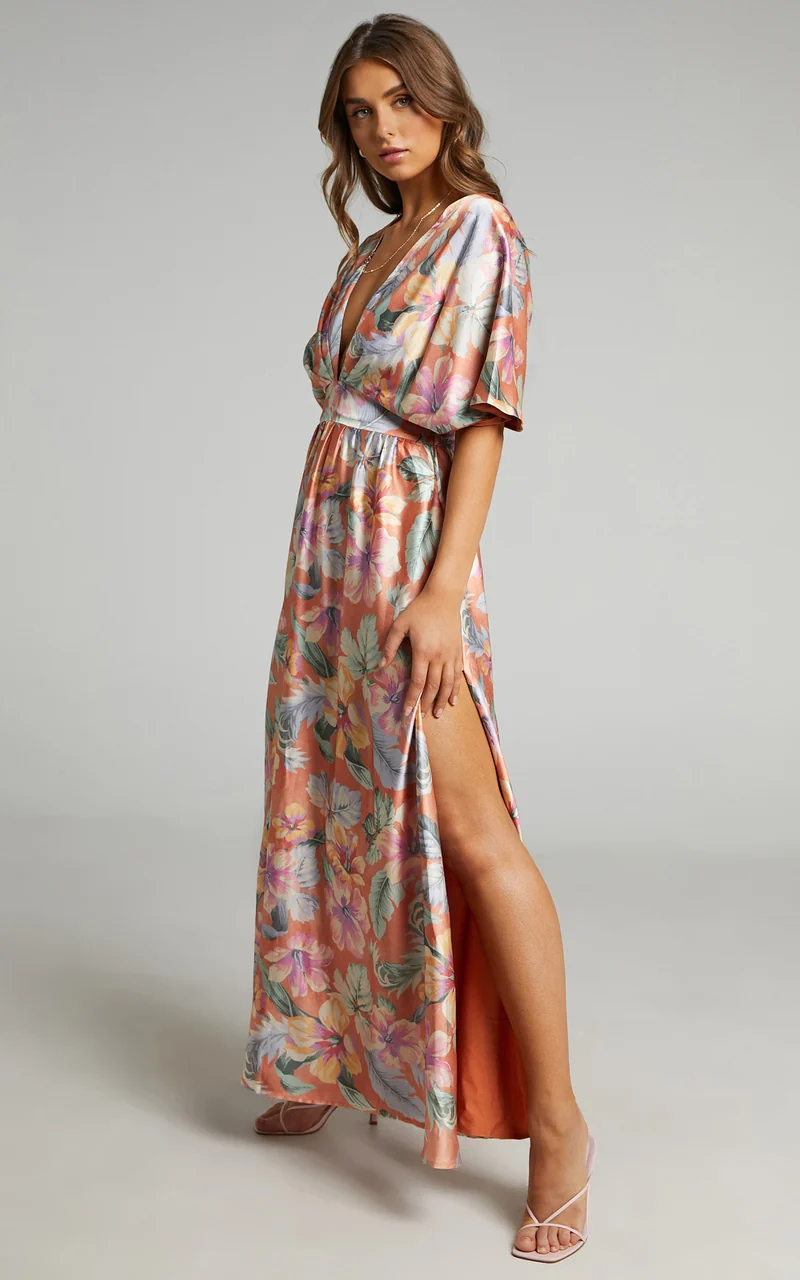 Sophia Maxi Dress - Plunge Neck Bat Wing Sleeve Dress in Multi Floral