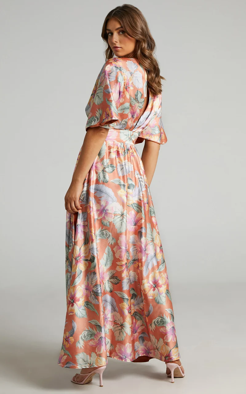 Sophia Maxi Dress - Plunge Neck Bat Wing Sleeve Dress in Multi Floral