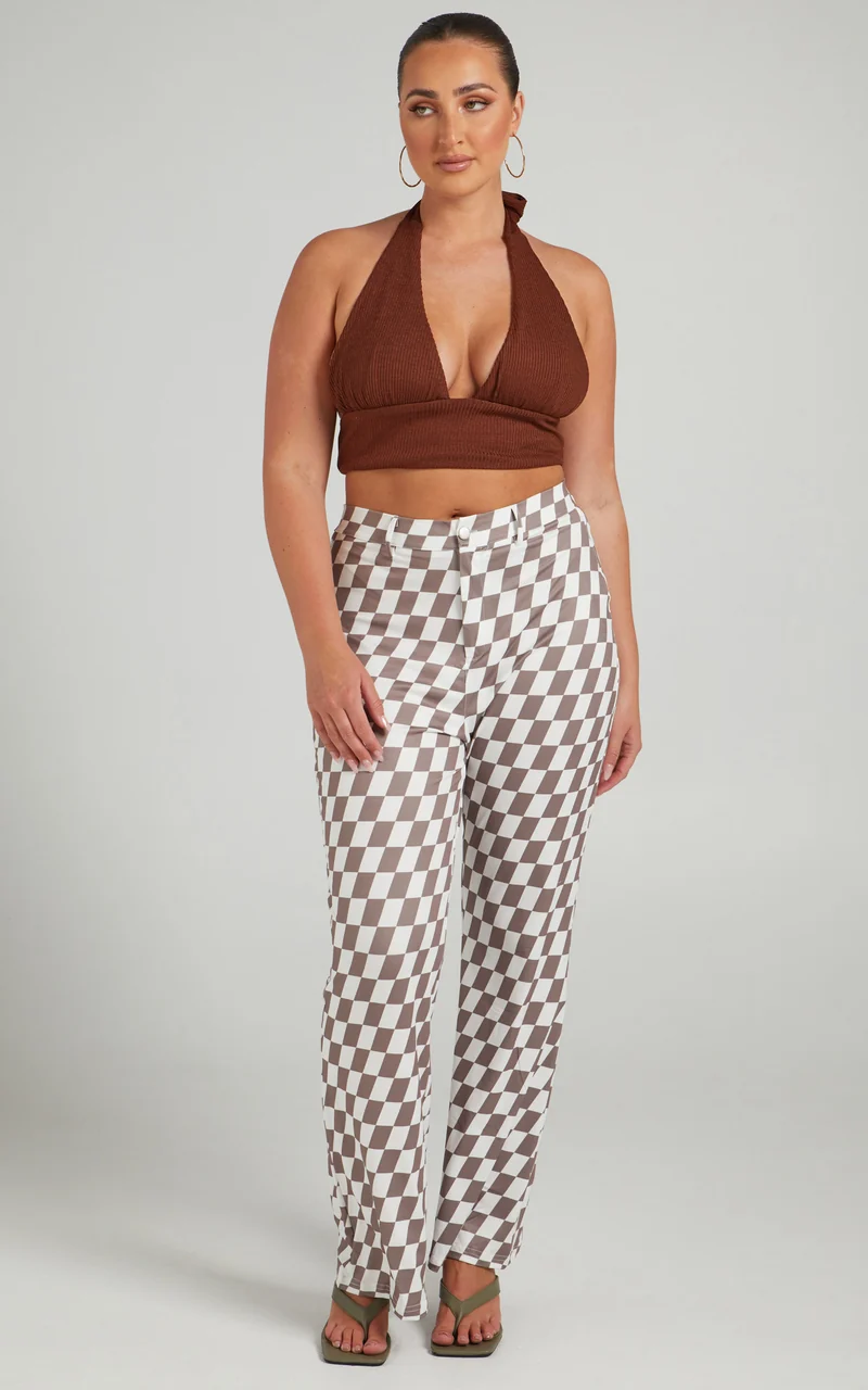 Lenny Pants - Mid Rise Pants in Brown check