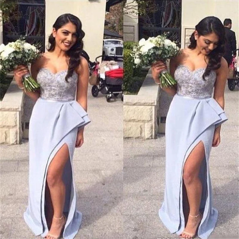 Lilas asymétrique dentelle haut bleu clair fente robes de demoiselle d'honneur