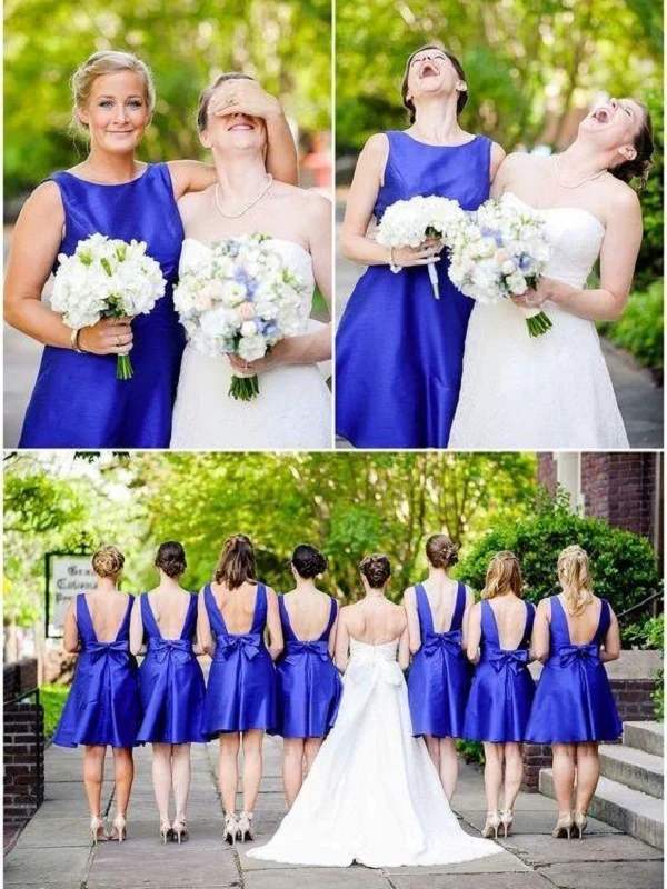 Robes de demoiselle d'honneur à col bateau, bleu royal, courtes, longueur au genou, avec dos bas