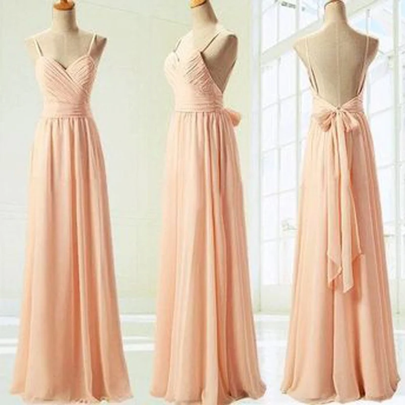 Blush Rose Dos Nu Bretelles Spaghetti En Mousseline De Soie Dos Nu A-ligne Longues Robes De Demoiselle D'honneur